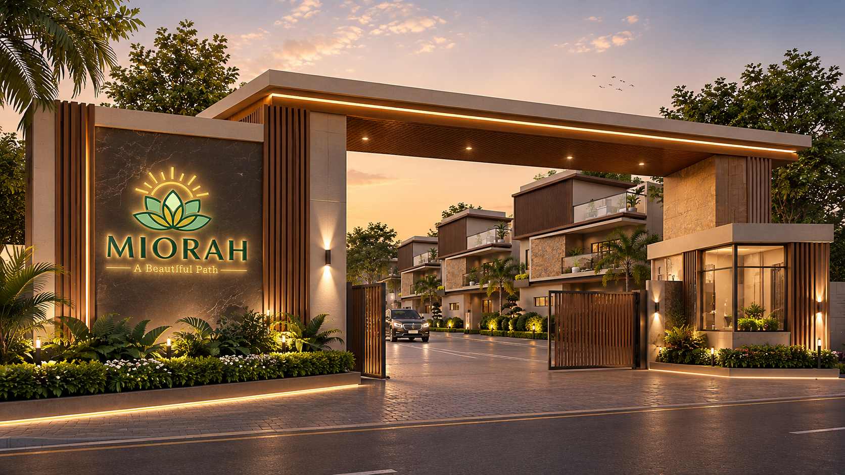MIORAH by SriZen — gated villa community entrance at dusk